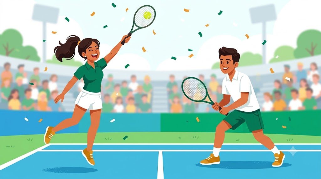 Two candidates rallying on a tennis court, part of Play School, Skilling Ground's live duel mode